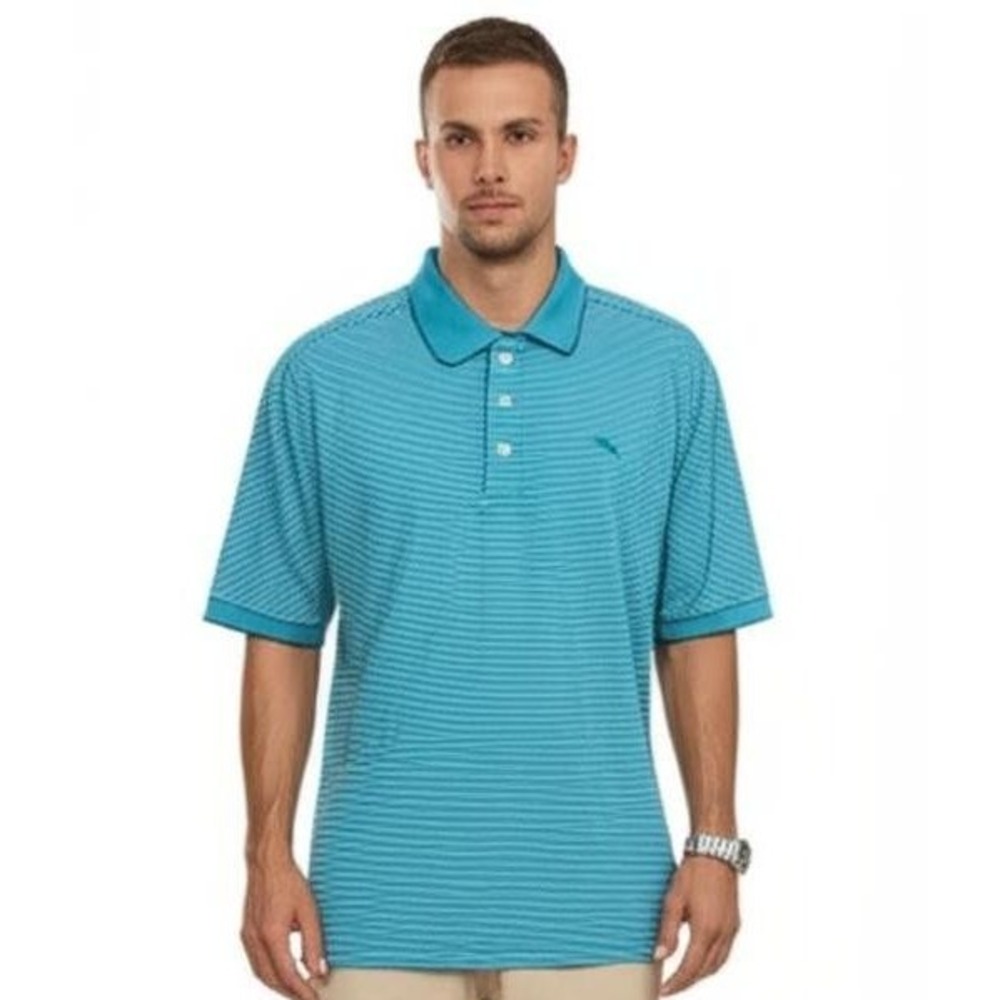 Tommy Bahama Golf Polo Shirt Aqua Aloha Striped‎ Casual Resort Island Size Large